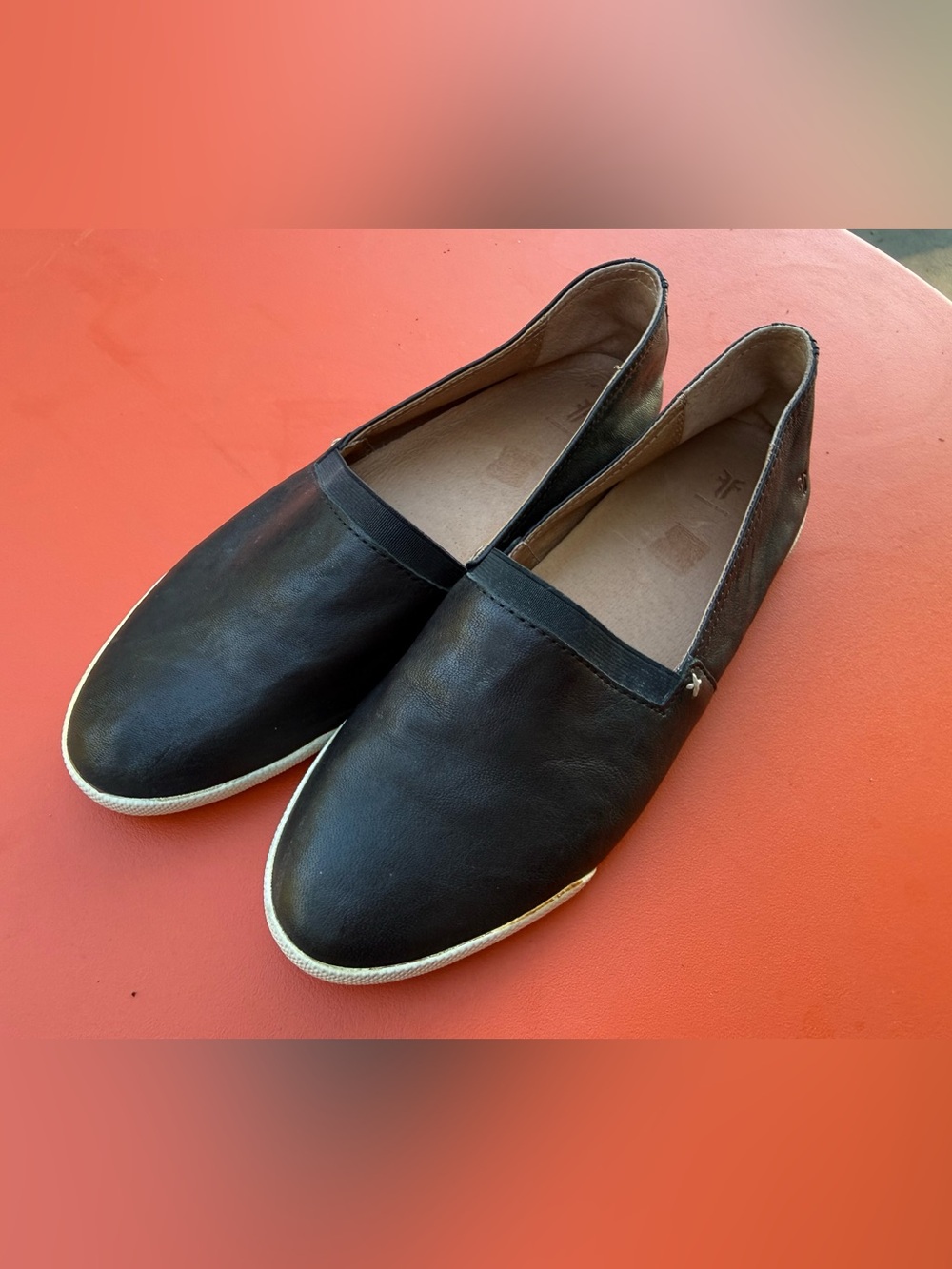 Frye Black Leather Slip-On Flats with White Trim - Picture 8 of 11